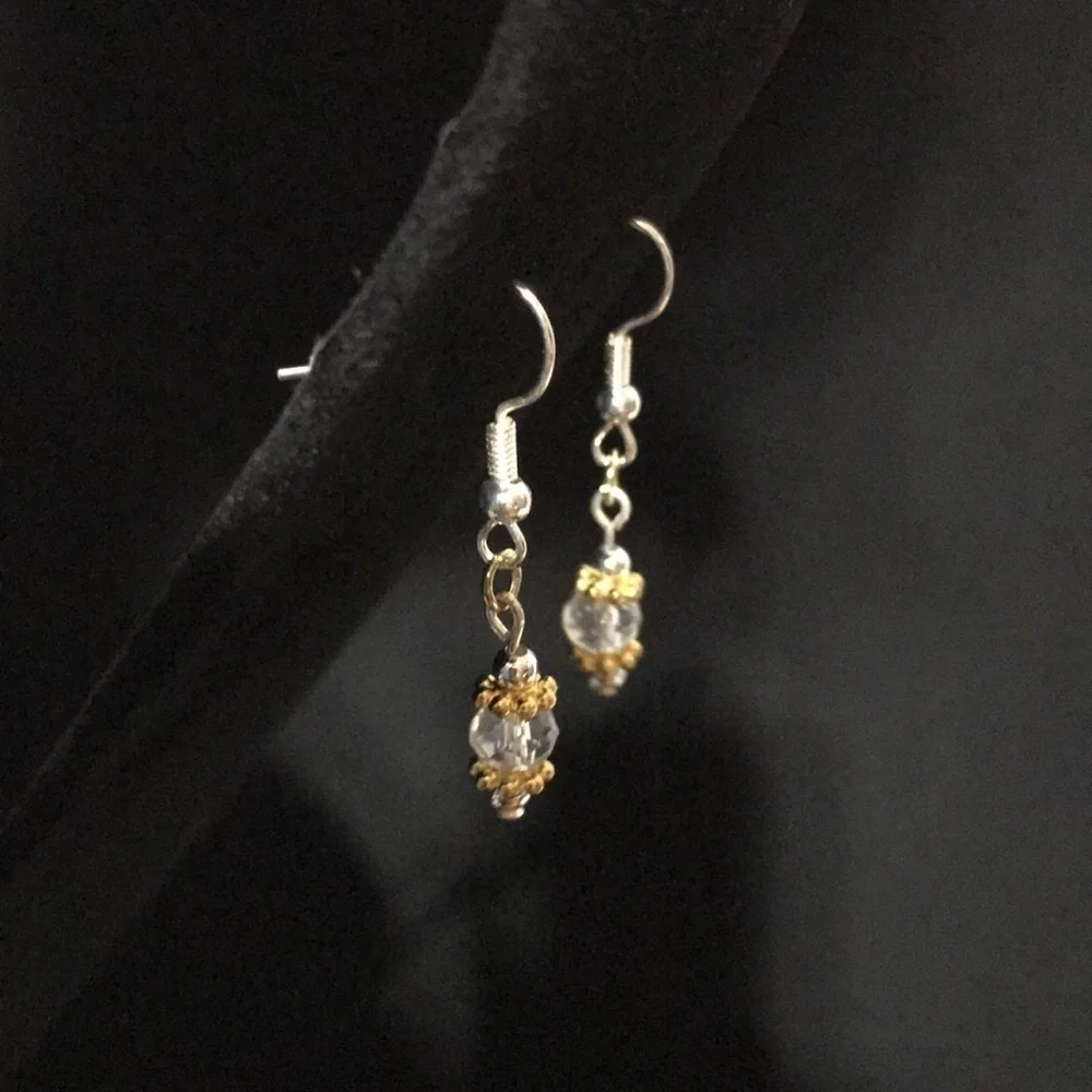 HANDCRAFTED EARRINGS—FISHHOOK DANGLES—Clear Beads with Gold/Silver Tone Findings